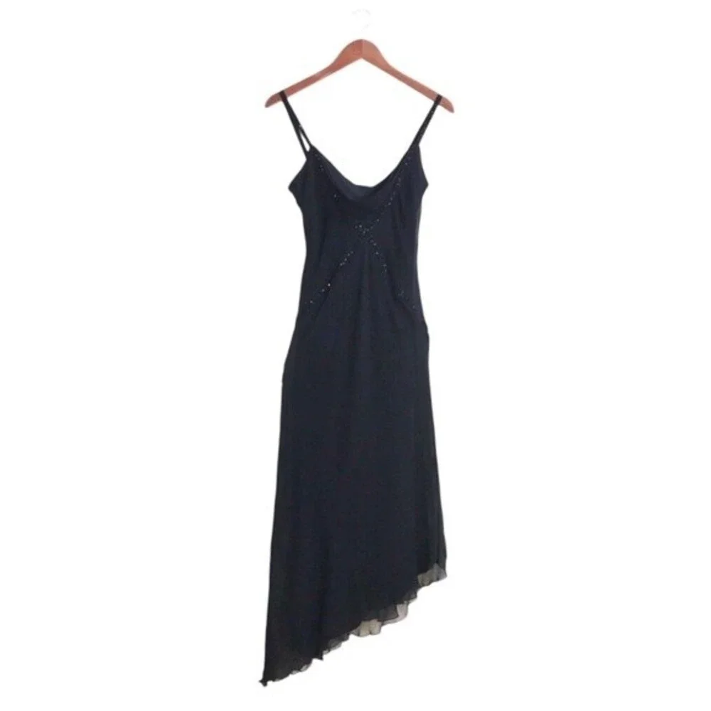VTG 90's Y2K Black Beaded Silk Sleeveless Mesh Asymmetrical Cocktail Maxi Dress - Picture 2 of 7